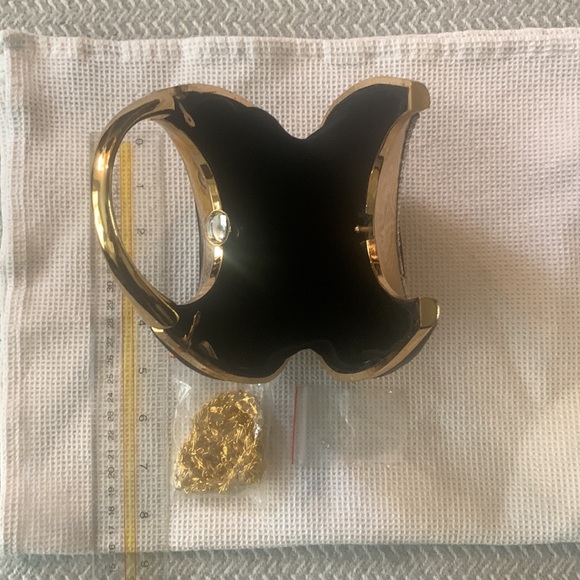 Jessica McClintock black satin evening bag with rhinestones and gold trim - Picture 3 of 5